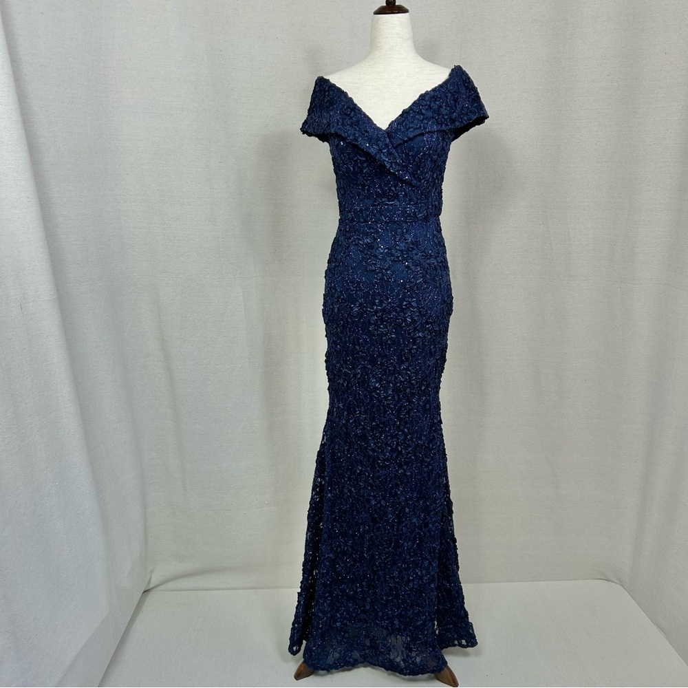 Xscape Navy Blue Rosette Sequin Lace Mermaid Off Shoulder Prom Gown Size 4 - Picture 2 of 10